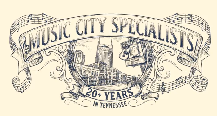 Vintage-style illustration featuring Nashville cityscape with text 'Music City Specialists' on musical staff ribbon and '20+ Years in Tennessee' banner.